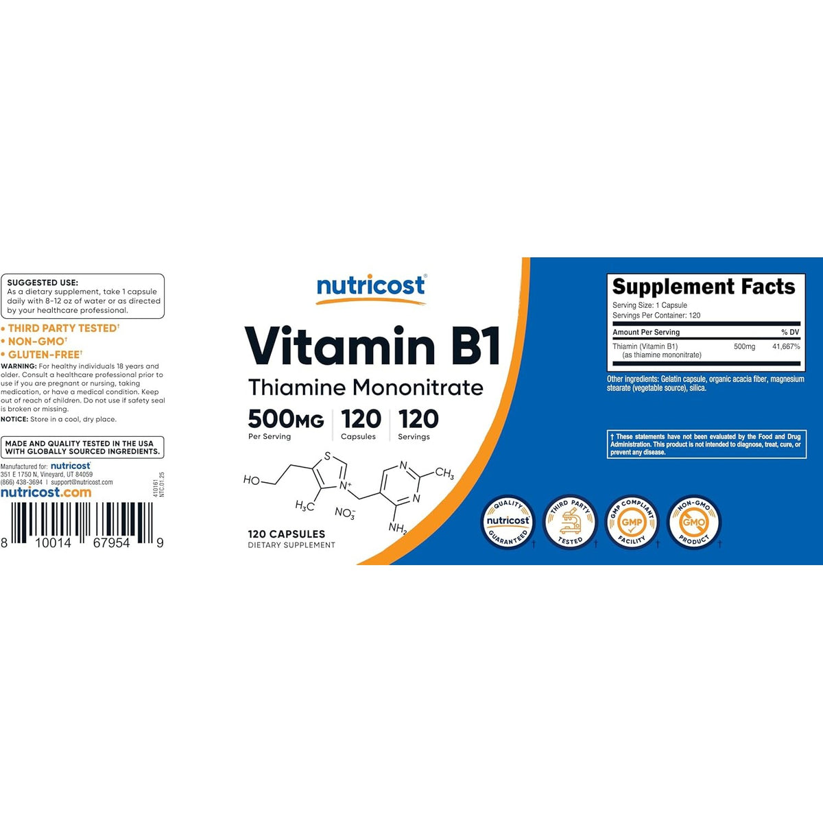 Nutricost Vitamina B1 500 Mg 120 Cápsulas