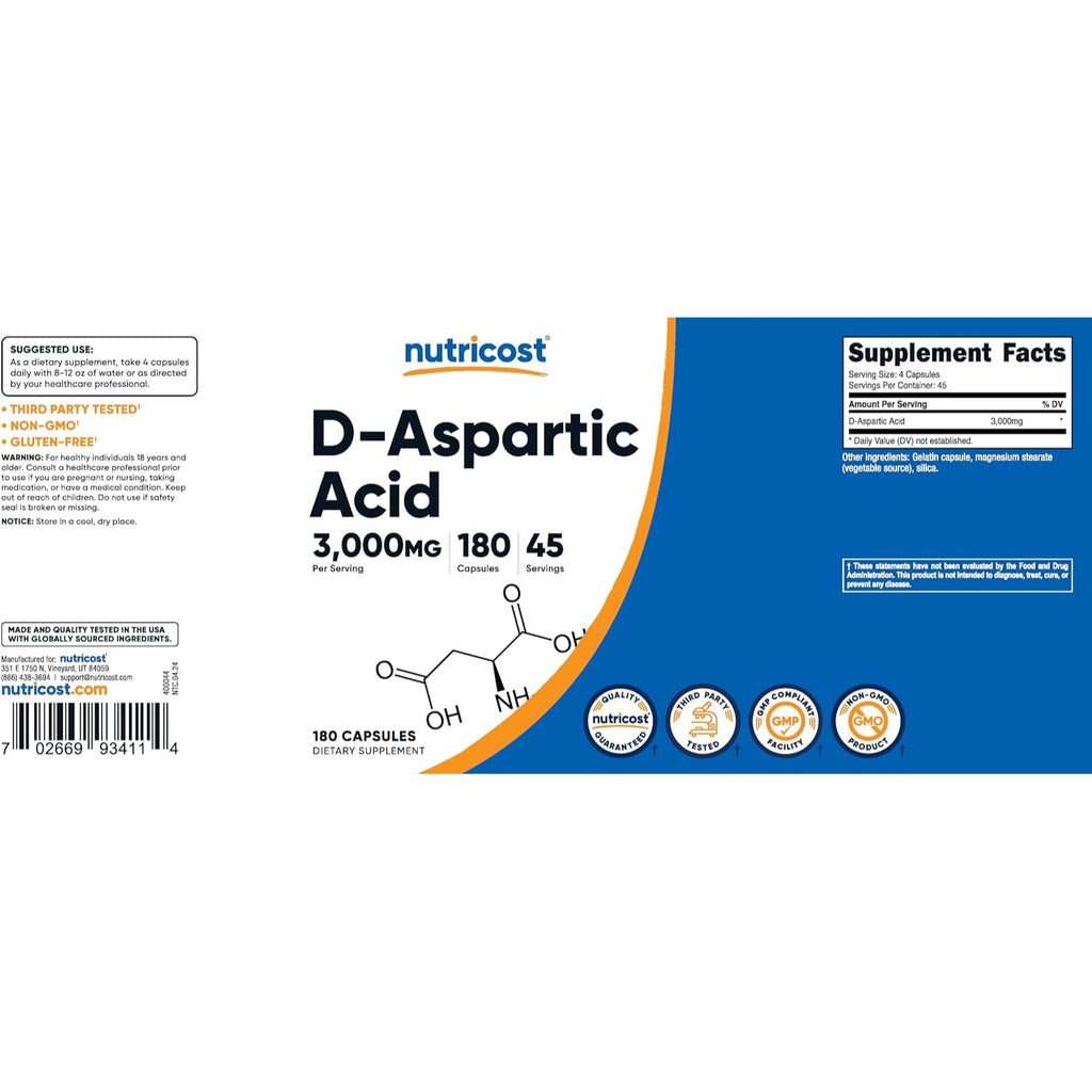 Nutricost Ácido D-Aspártico 3000 mg 180 Cápsulas