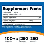 Nutricost Cafeína 100 Mg 250 Cápsulas