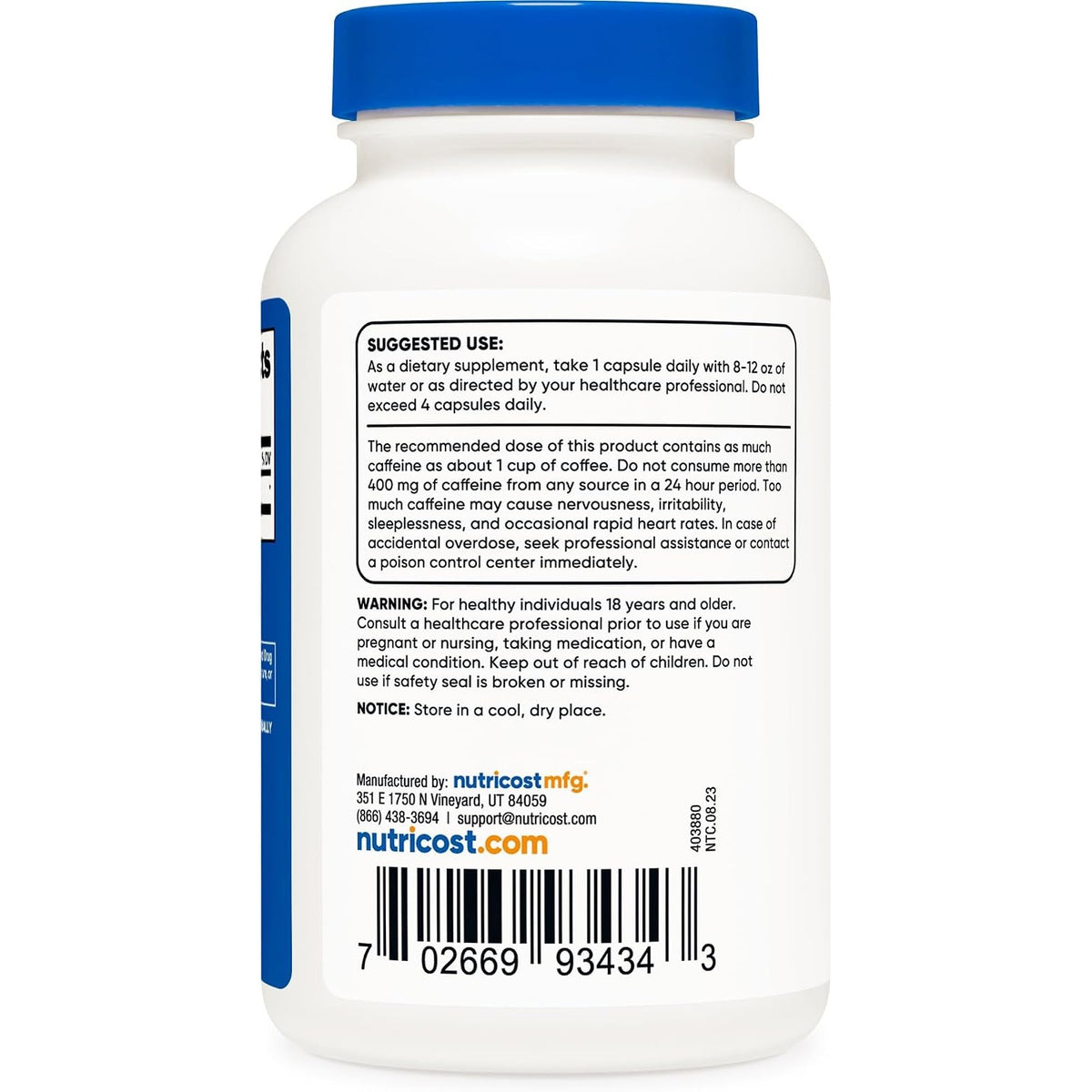 Nutricost Cafeína 100 Mg 250 Cápsulas