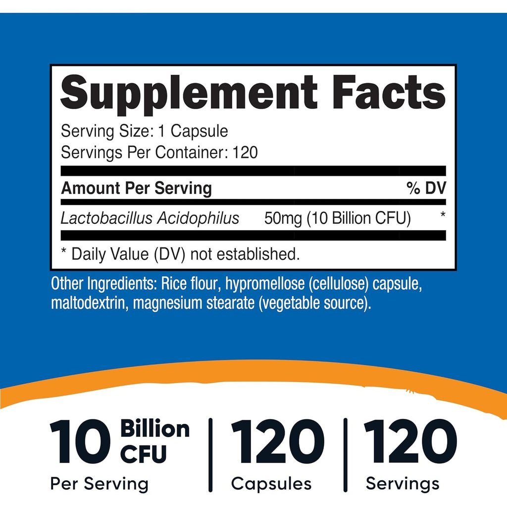 Nutricost Lactobacillus Acidophilus 10 mil millones UFC 120 Cápsulas Vegetales