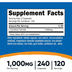Nutricost Tartrato de L-carnitina 1000 mg 240 Cápsulas