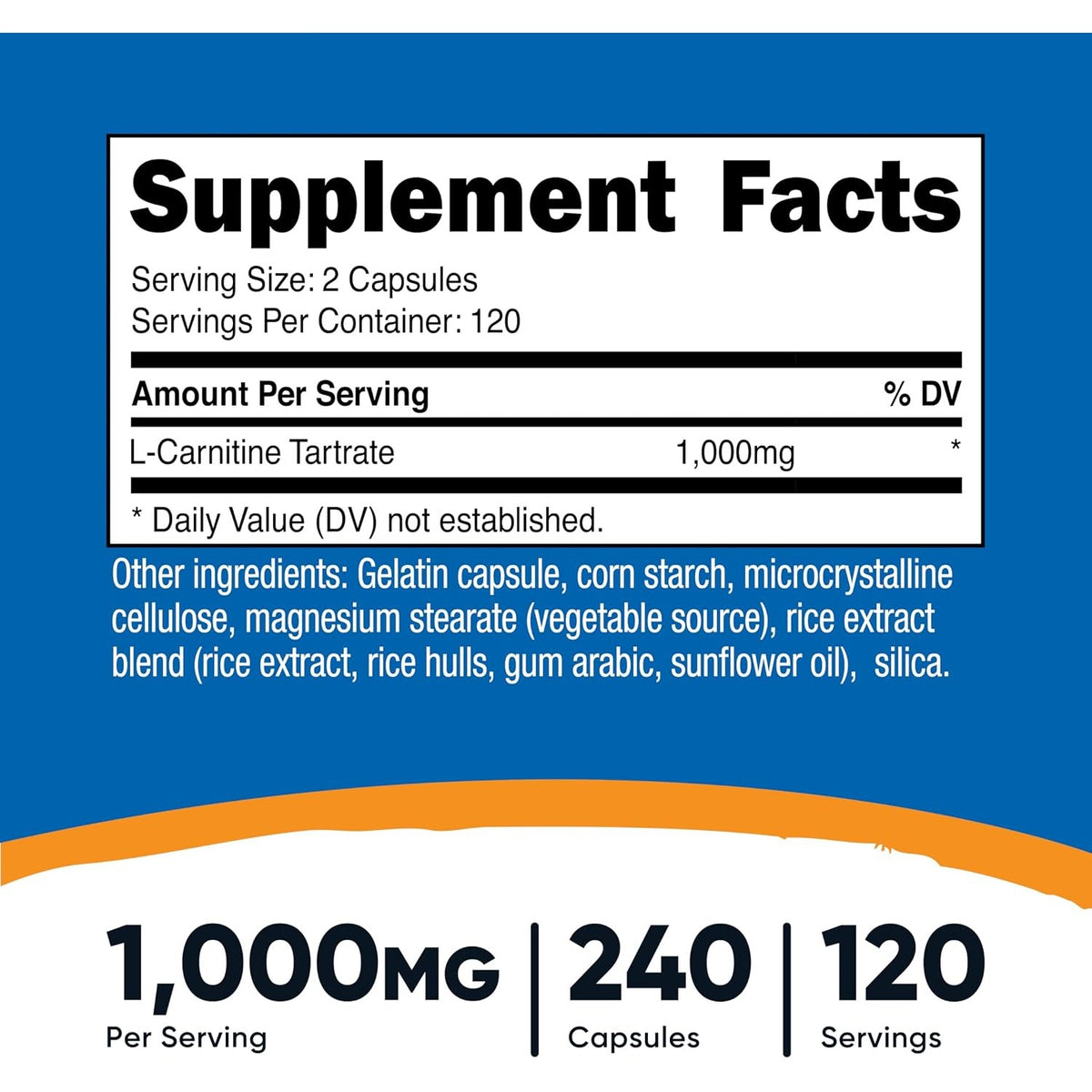 Nutricost Tartrato de L-carnitina 1000 mg 240 Cápsulas