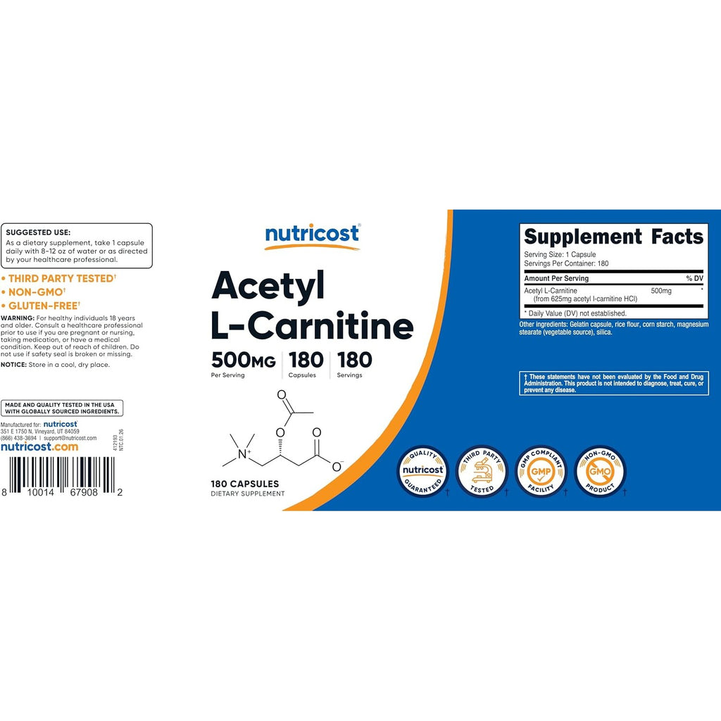 Nutricost Acetil L-carnitina 500 Mg 180 Cápsulas