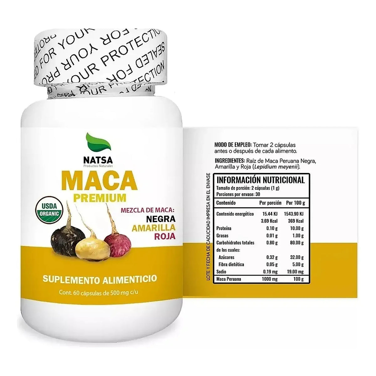NATSA Maca Premium Mezcla Amarilla, Roja y Negra 60 Cápsulas | 1 g por Porción | Maca Peruana | Mezcla de Maca Amarilla, Roja y Negra | Suplemento alimenticio