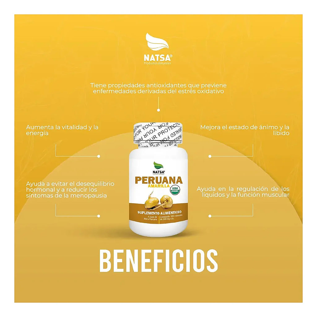 NATSA Maca Premium Mezcla Amarilla, Roja y Negra 60 Cápsulas | 1 g por Porción | Maca Peruana | Mezcla de Maca Amarilla, Roja y Negra | Suplemento alimenticio