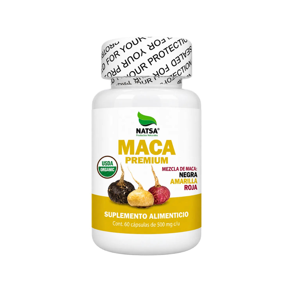 NATSA Maca Premium Mezcla Amarilla, Roja y Negra 60 Cápsulas | 1 g por Porción | Maca Peruana | Mezcla de Maca Amarilla, Roja y Negra | Suplemento alimenticio