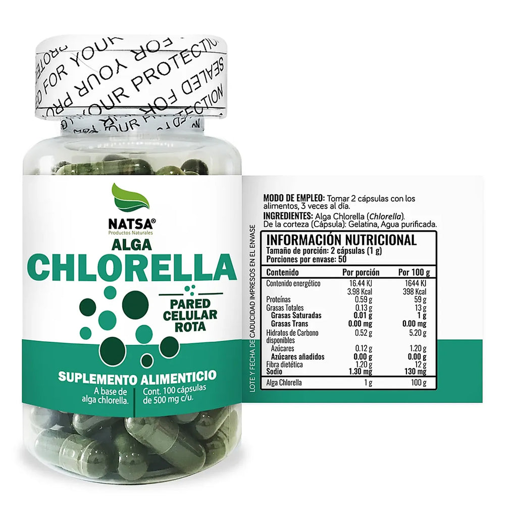 NATSA Chlorella 500 mg 100 Cápsulas | 1,000 mg por Porción | Alga Chlorella de Pared Celular Rota | 50 Porciones | Suplemento alimenticio
