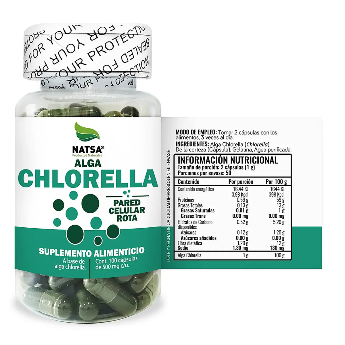 NATSA Chlorella 500 mg 100 Cápsulas | 1,000 mg por Porción | Alga Chlorella de Pared Celular Rota | 50 Porciones | Suplemento alimenticio