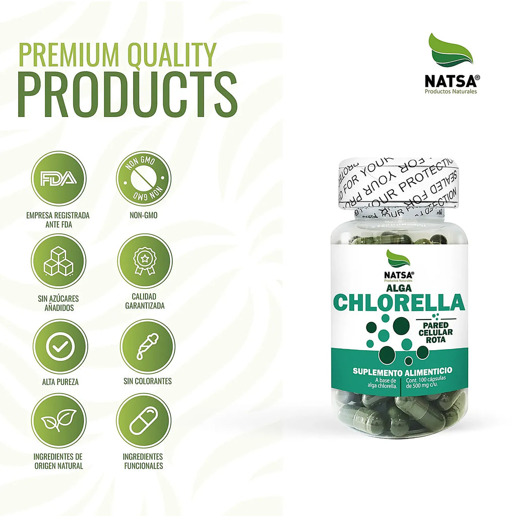 NATSA Chlorella 500 mg 100 Cápsulas | 1,000 mg por Porción | Alga Chlorella de Pared Celular Rota | 50 Porciones | Suplemento alimenticio