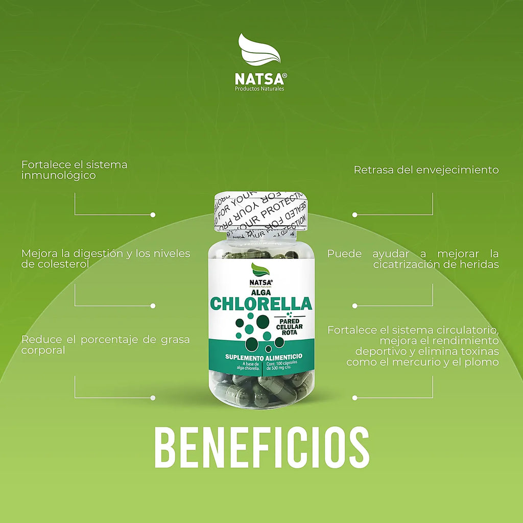 NATSA Chlorella 500 mg 100 Cápsulas | 1,000 mg por Porción | Alga Chlorella de Pared Celular Rota | 50 Porciones | Suplemento alimenticio