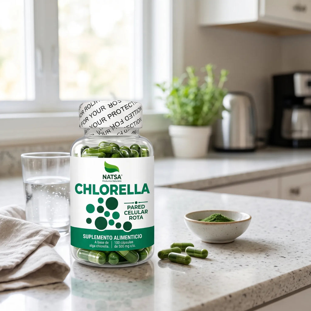 NATSA Chlorella 500 mg 100 Cápsulas | 1,000 mg por Porción | Alga Chlorella de Pared Celular Rota | 50 Porciones | Suplemento alimenticio