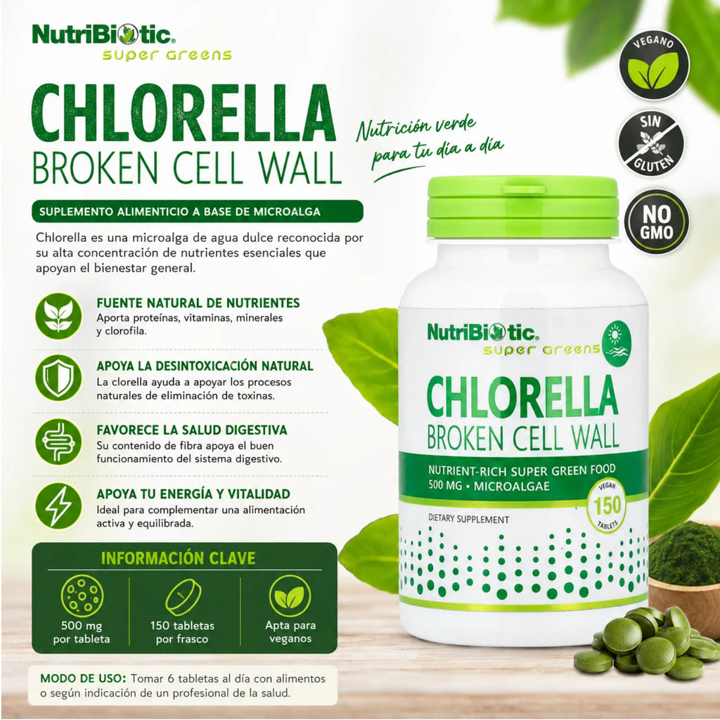 NutriBiotic Chlorella, Super Greens Clorela, 150 Tabletas 500 mg Por Comprimido