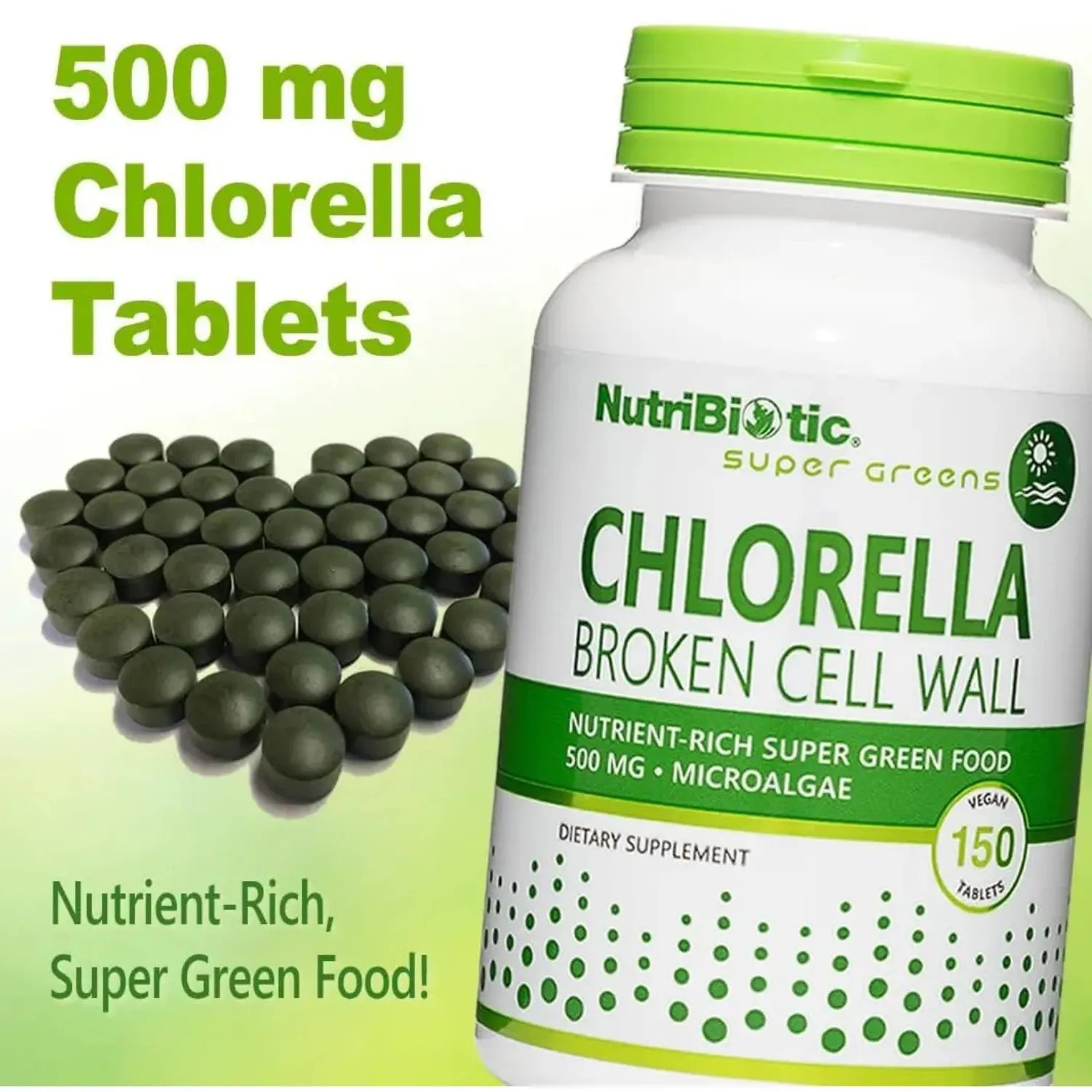 NutriBiotic Chlorella, Super Greens Clorela, 150 Tabletas 500 mg Por Comprimido