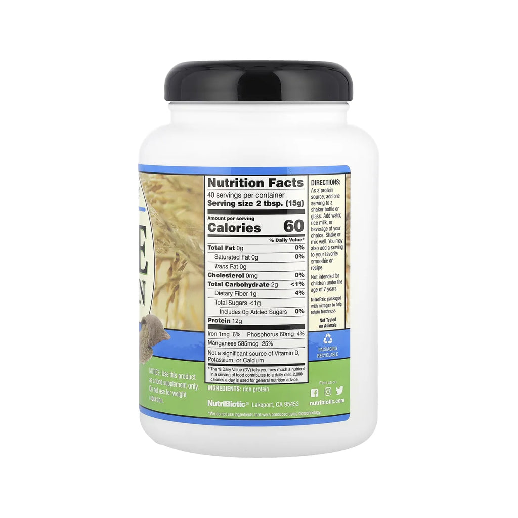 NutriBiotic Rice Protein, Proteína de Arroz en Polvo 600 g (1 lb 5,16 oz)