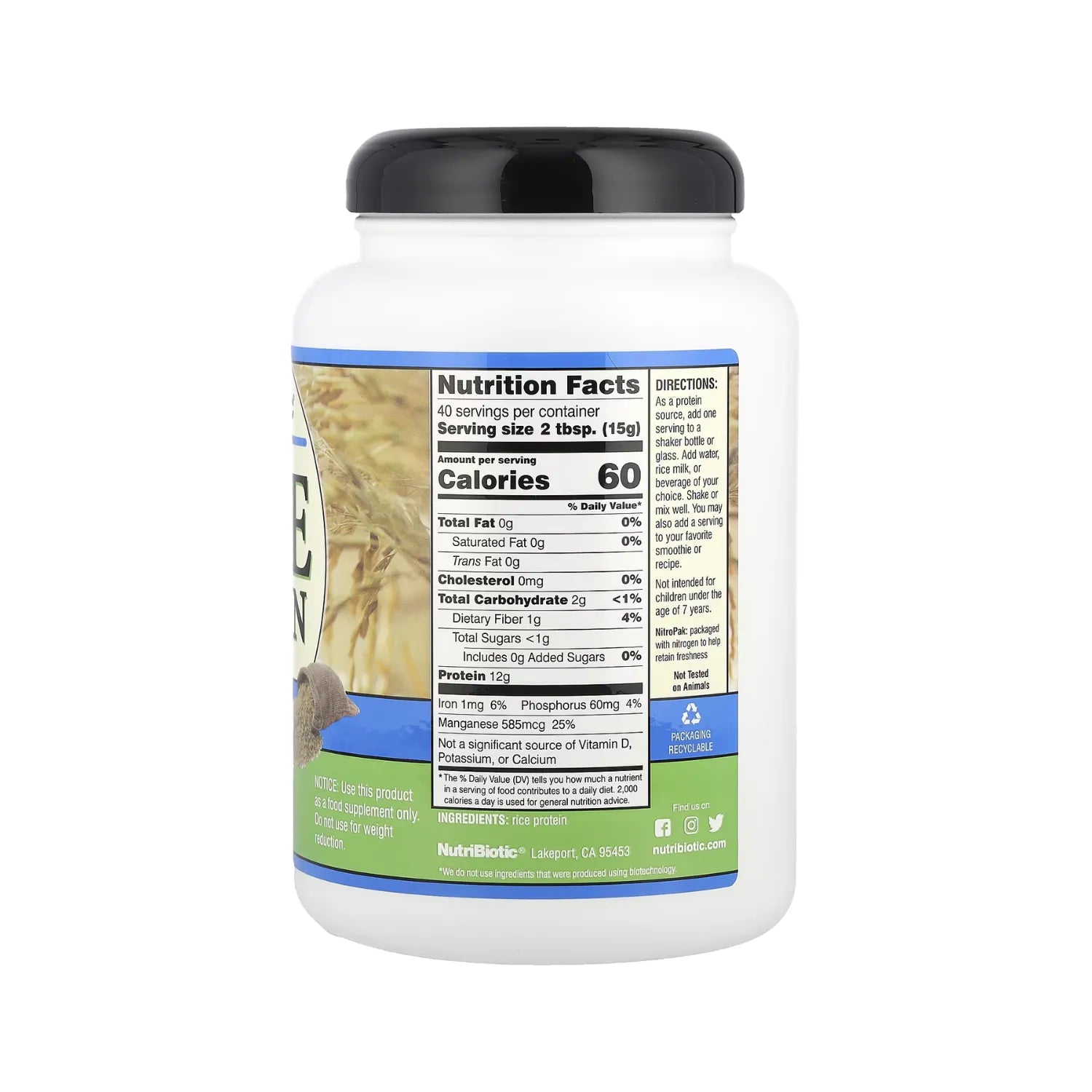 NutriBiotic Rice Protein, Proteína de Arroz en Polvo 600 g (1 lb 5,16 oz)