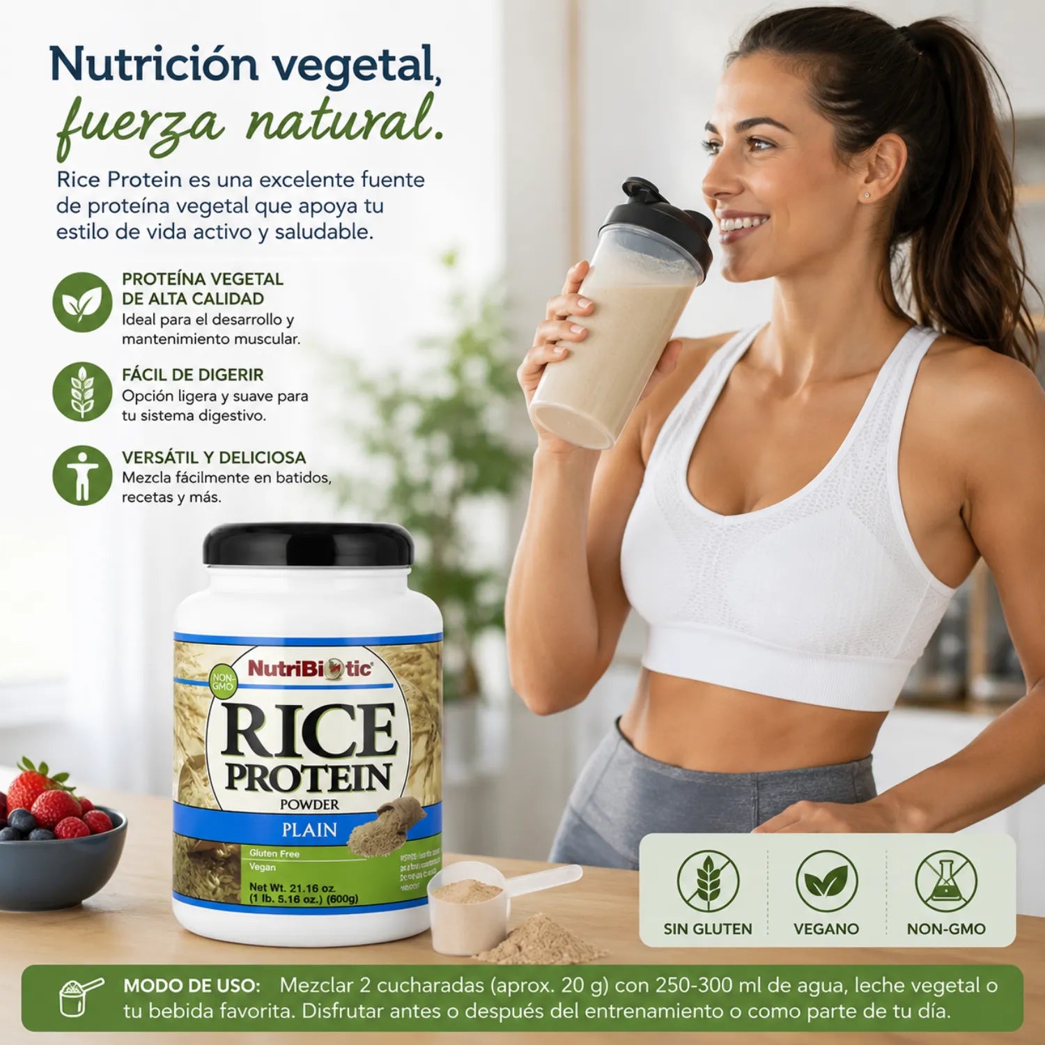 NutriBiotic Rice Protein, Proteína de Arroz en Polvo 600 g (1 lb 5,16 oz)