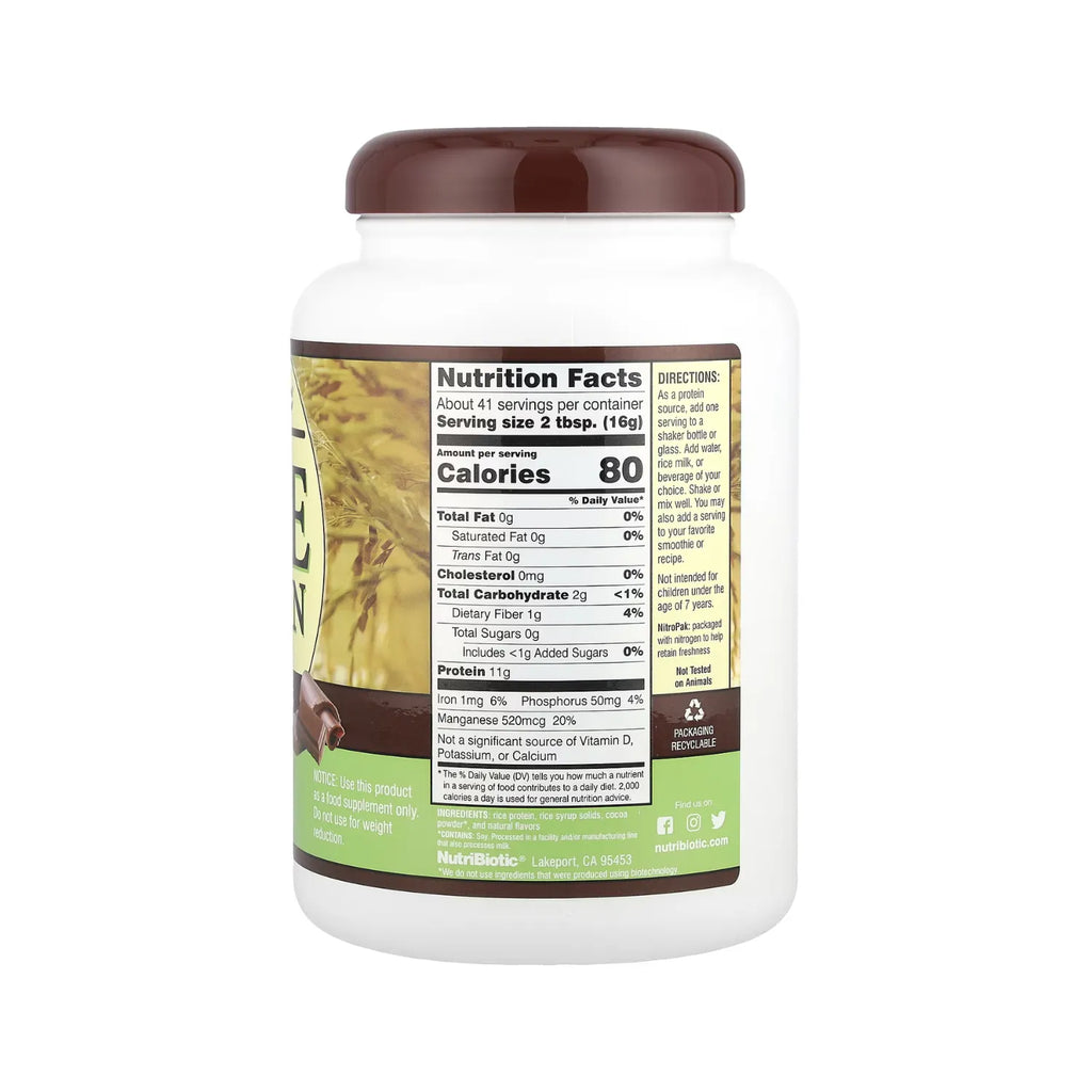 NutriBiotic, Proteína de arroz en polvo, Chocolate, 650 g (1 lb 6,93 oz)