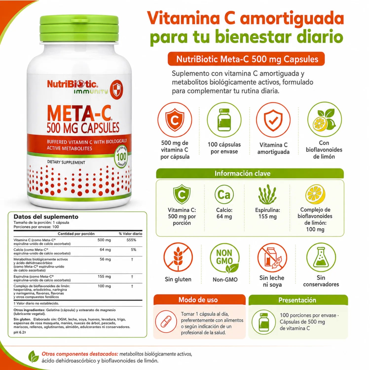 NutriBiotic Meta-C® 100 cápsulas sin gluten 500mg