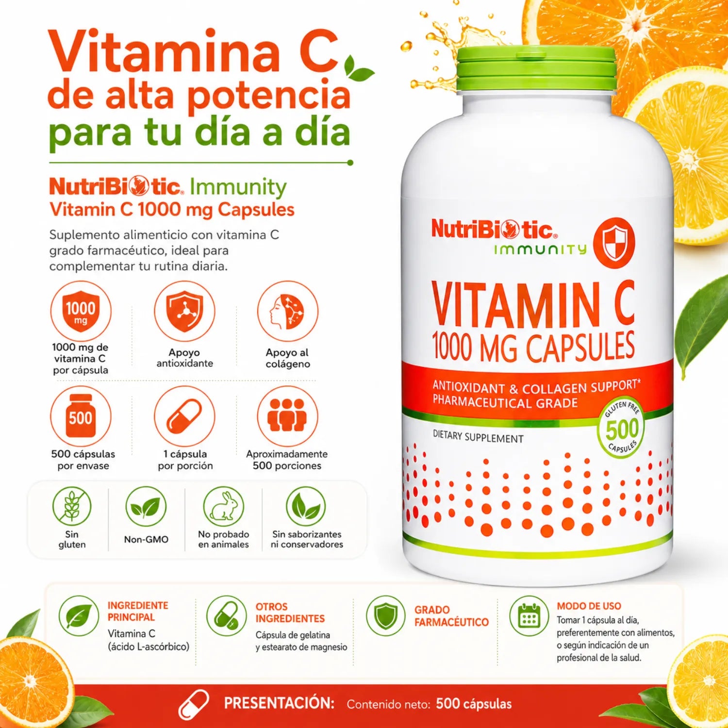NutriBiotic Vitamin C 1000 mg 500 Capsulas.