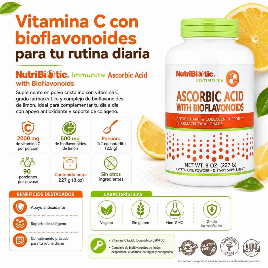 NutriBiotic Ascorbic Acid with Bioflavonoids 227g Polvo cristalino