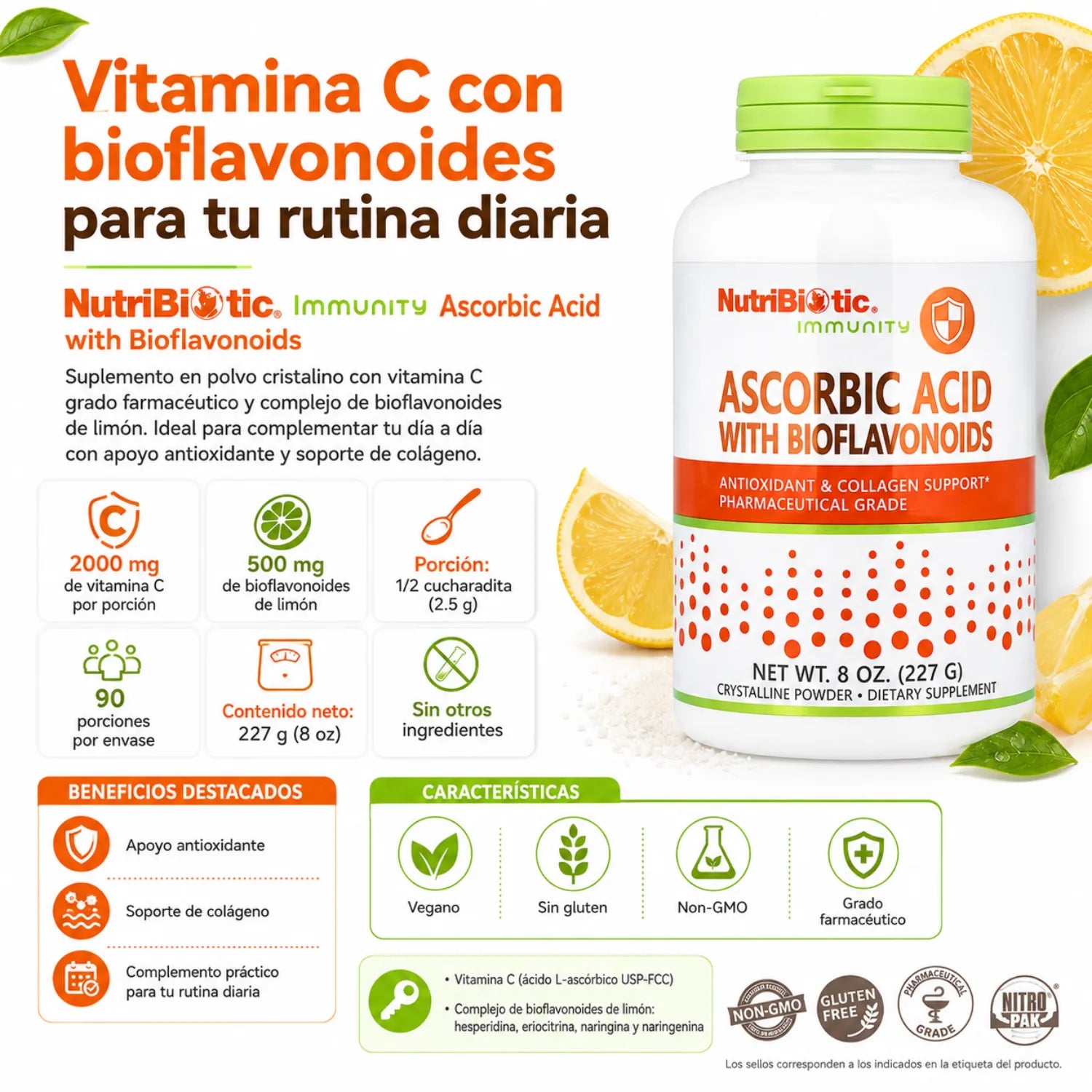 NutriBiotic Ascorbic Acid with Bioflavonoids 227g Polvo cristalino