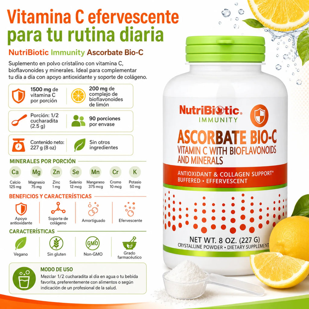 NutriBiotic Ascorbate Bio-C Vitamina C con Bioflavonoides y Minerales 227 g (8 oz)