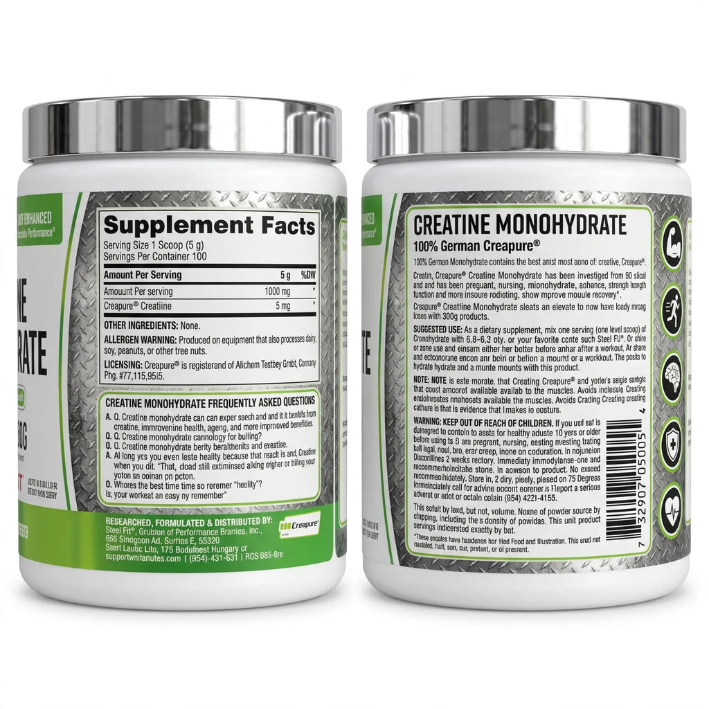 SteelFit Pure Steel Creatina Monohidratada Sin Sabor 500 g | 100 Servicios | 5 g de Creatina Creapure® por Porción | Apoyo a la Fuerza, Potencia y Rendimiento Deportivo | Suplemento alimenticio