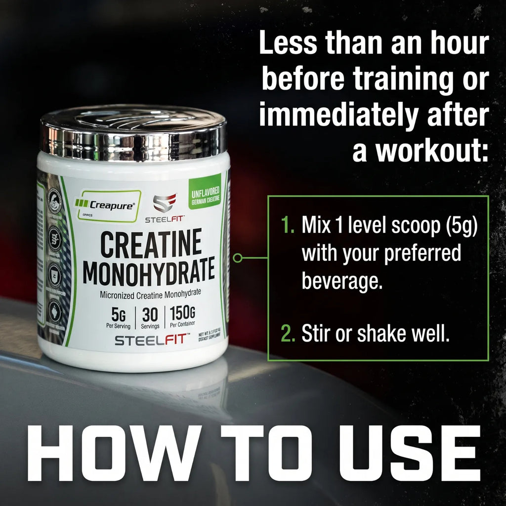SteelFit Pure Steel Creatina Monohidratada Sin Sabor 500 g | 100 Servicios | 5 g de Creatina Creapure® por Porción | Apoyo a la Fuerza, Potencia y Rendimiento Deportivo | Suplemento alimenticio