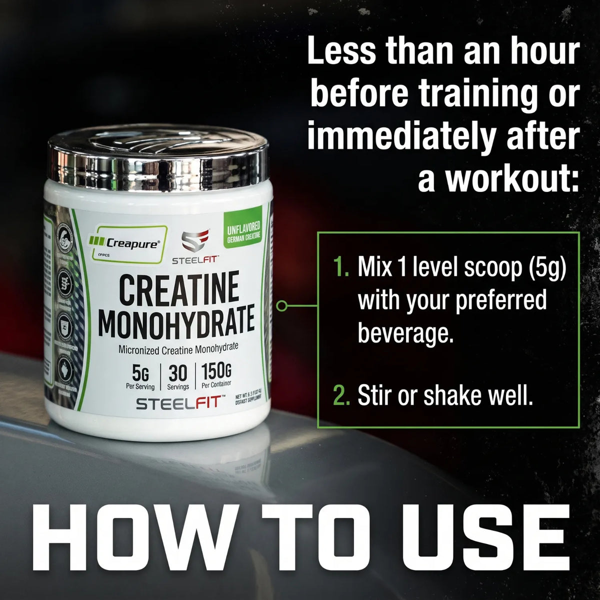 SteelFit Pure Steel Creatina Monohidratada Sin Sabor 500 g | 100 Servicios | 5 g de Creatina Creapure® por Porción | Apoyo a la Fuerza, Potencia y Rendimiento Deportivo | Suplemento alimenticio
