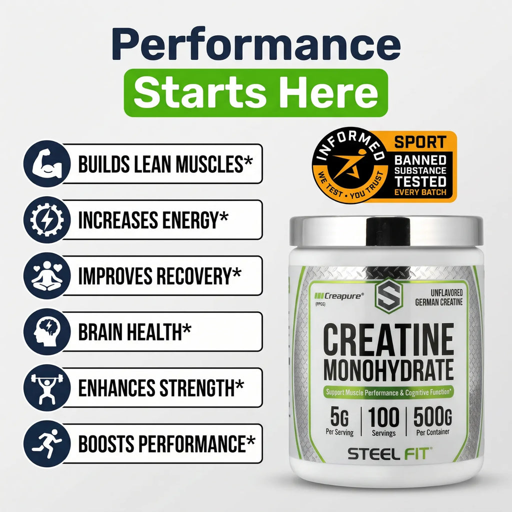SteelFit Pure Steel Creatina Monohidratada Sin Sabor 500 g | 100 Servicios | 5 g de Creatina Creapure® por Porción | Apoyo a la Fuerza, Potencia y Rendimiento Deportivo | Suplemento alimenticio