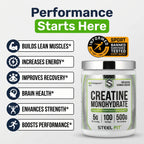 SteelFit Pure Steel Creatina Monohidratada Sin Sabor 500 g | 100 Servicios | 5 g de Creatina Creapure® por Porción | Apoyo a la Fuerza, Potencia y Rendimiento Deportivo | Suplemento alimenticio