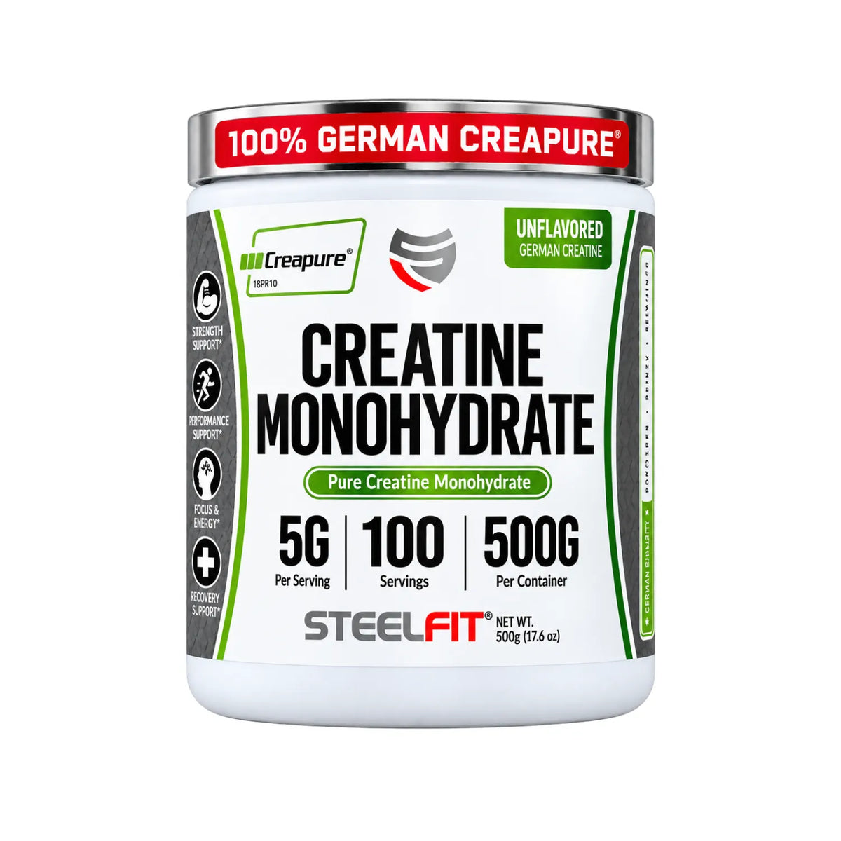 SteelFit Pure Steel Creatina Monohidratada Sin Sabor 500 g | 100 Servicios | 5 g de Creatina Creapure® por Porción | Apoyo a la Fuerza, Potencia y Rendimiento Deportivo | Suplemento alimenticio