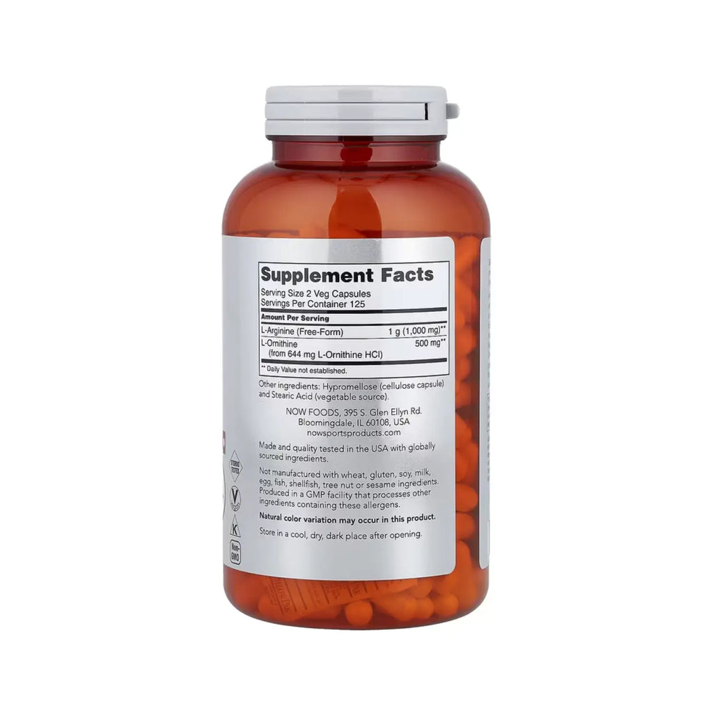 NOW Foods, Sports, Arginina y ornitina, 1000 mg/500 mg, 250 cápsulas vegetales SFN