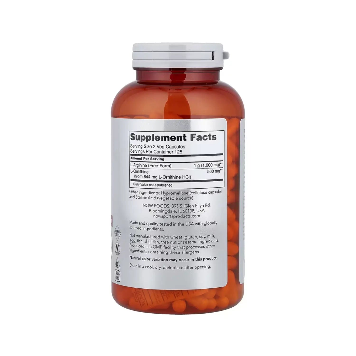 NOW Foods, Sports, Arginina y ornitina, 1000 mg/500 mg, 250 cápsulas vegetales SFN