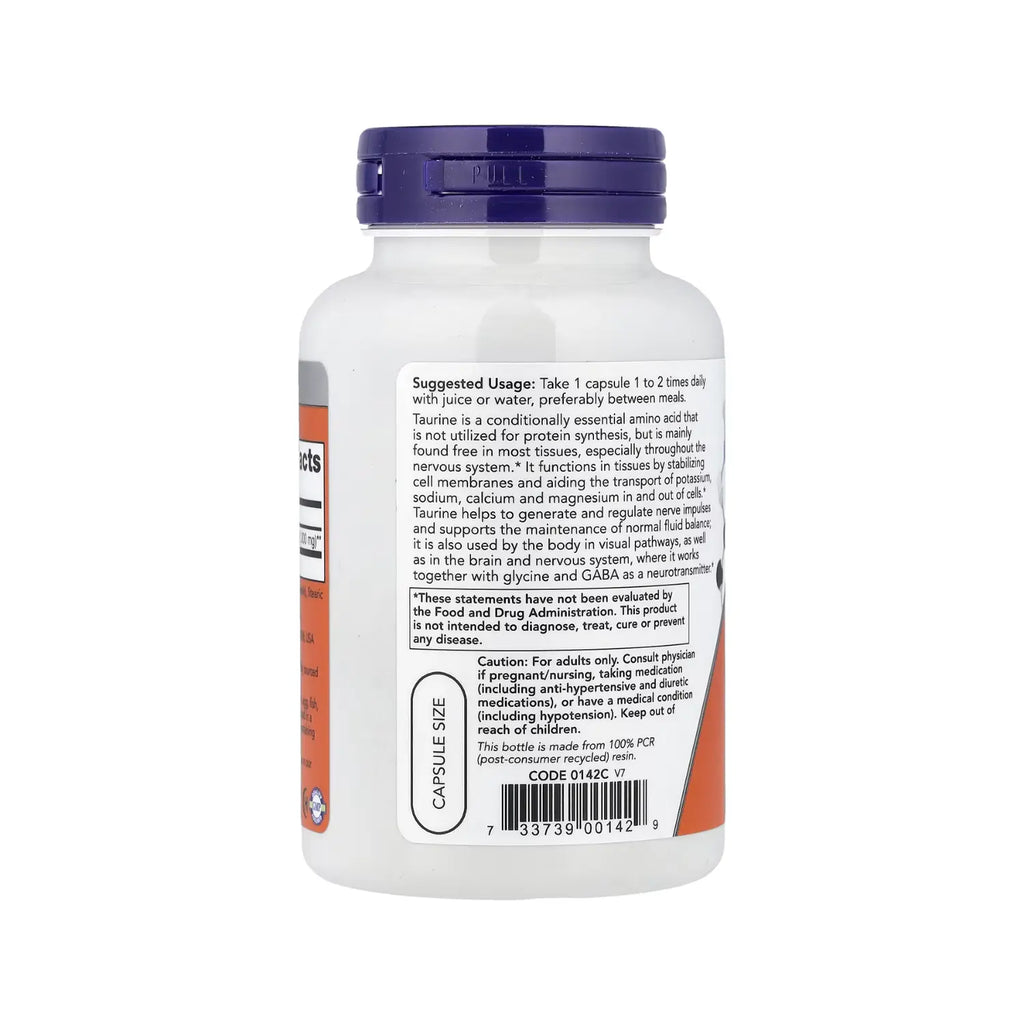 NOW Foods, Taurina, Doble fuerza, 1000 mg, 100 cápsulas veganas sfn