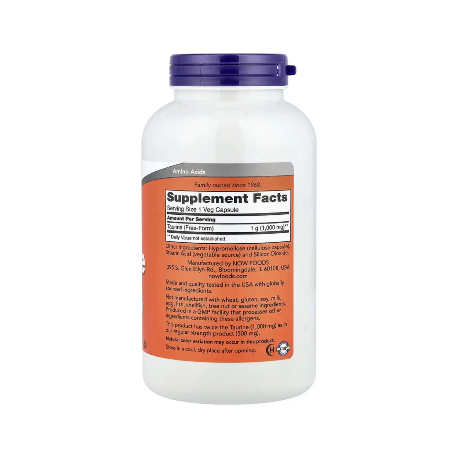 NOW Foods, Taurina de doble concentración, Suplemento alimentario, 1000 mg, 250 cápsulas vegetales sfn