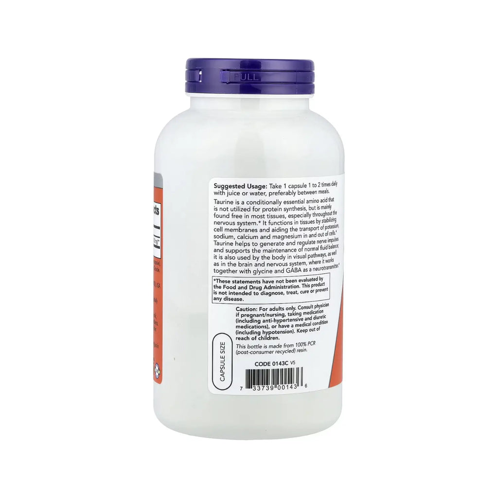 NOW Foods, Taurina de doble concentración, Suplemento alimentario, 1000 mg, 250 cápsulas vegetales sfn