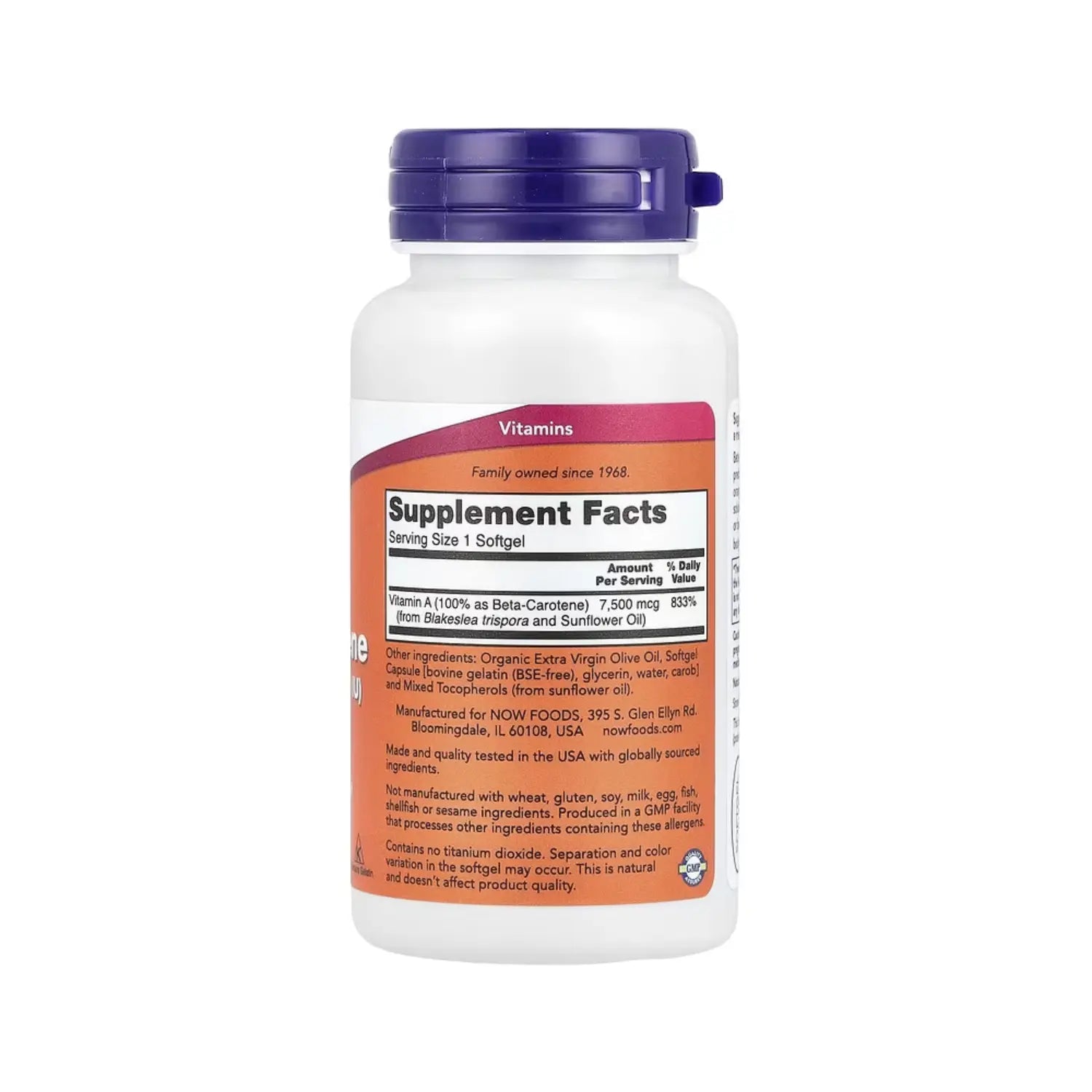 NOW Foods, Beta-caroteno natural, 7500 mcg (25000 UI), 90 cáps sfn