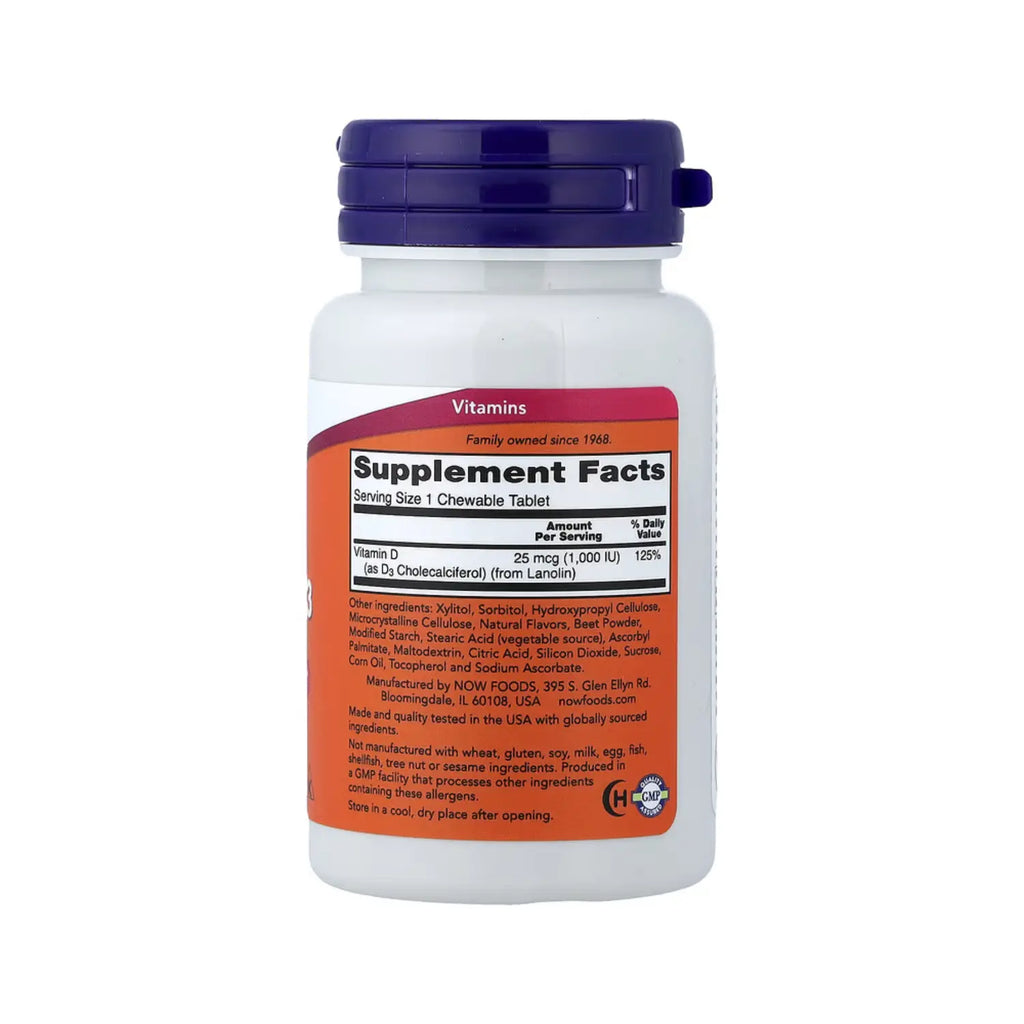 NOW FOODS VITAMINA D-3, 1000 UI, 180 MASTICABLES SFN