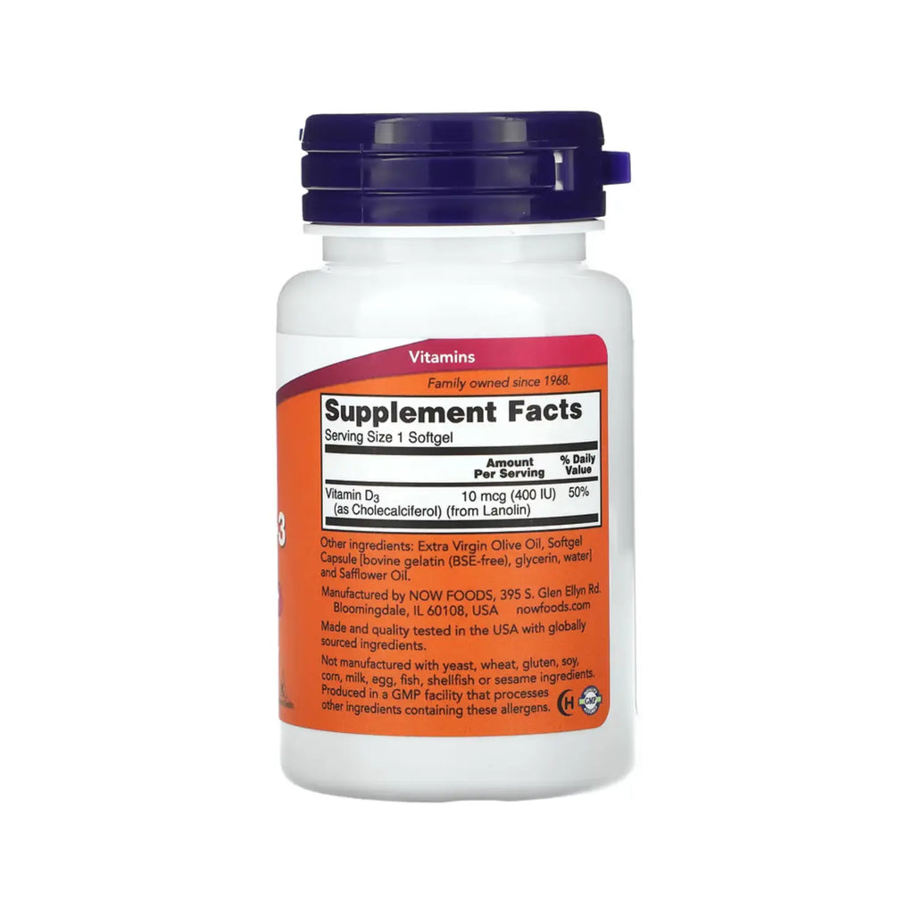 NOW FOODS | VITAMINA D-3 400 UI 180 CÁPSULAS PARA LA SALUD ÓSEA E INMUNE