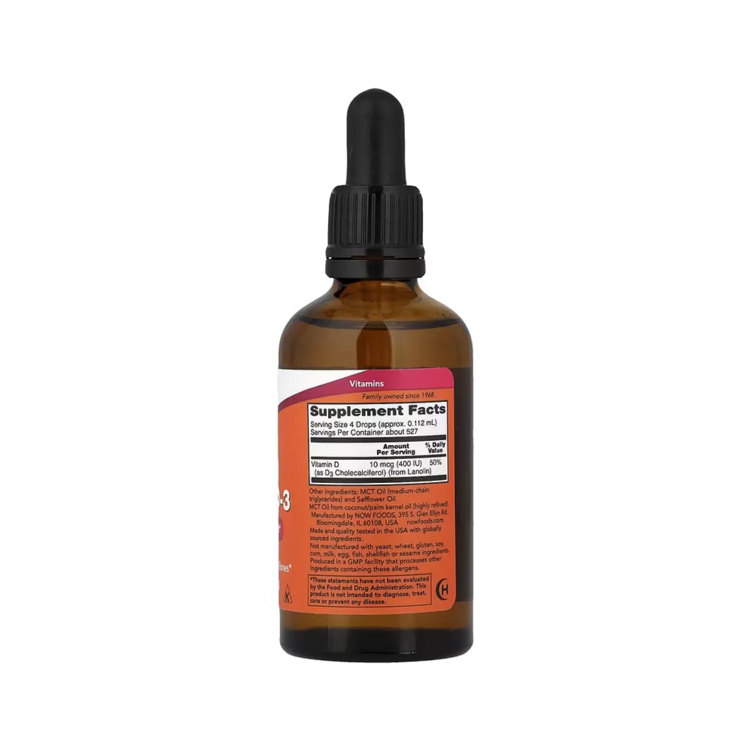 NOW FOODS VITAMINA LÍQUIDA D-3, 10 MCG (400 UI), 2 FL OZ SFN