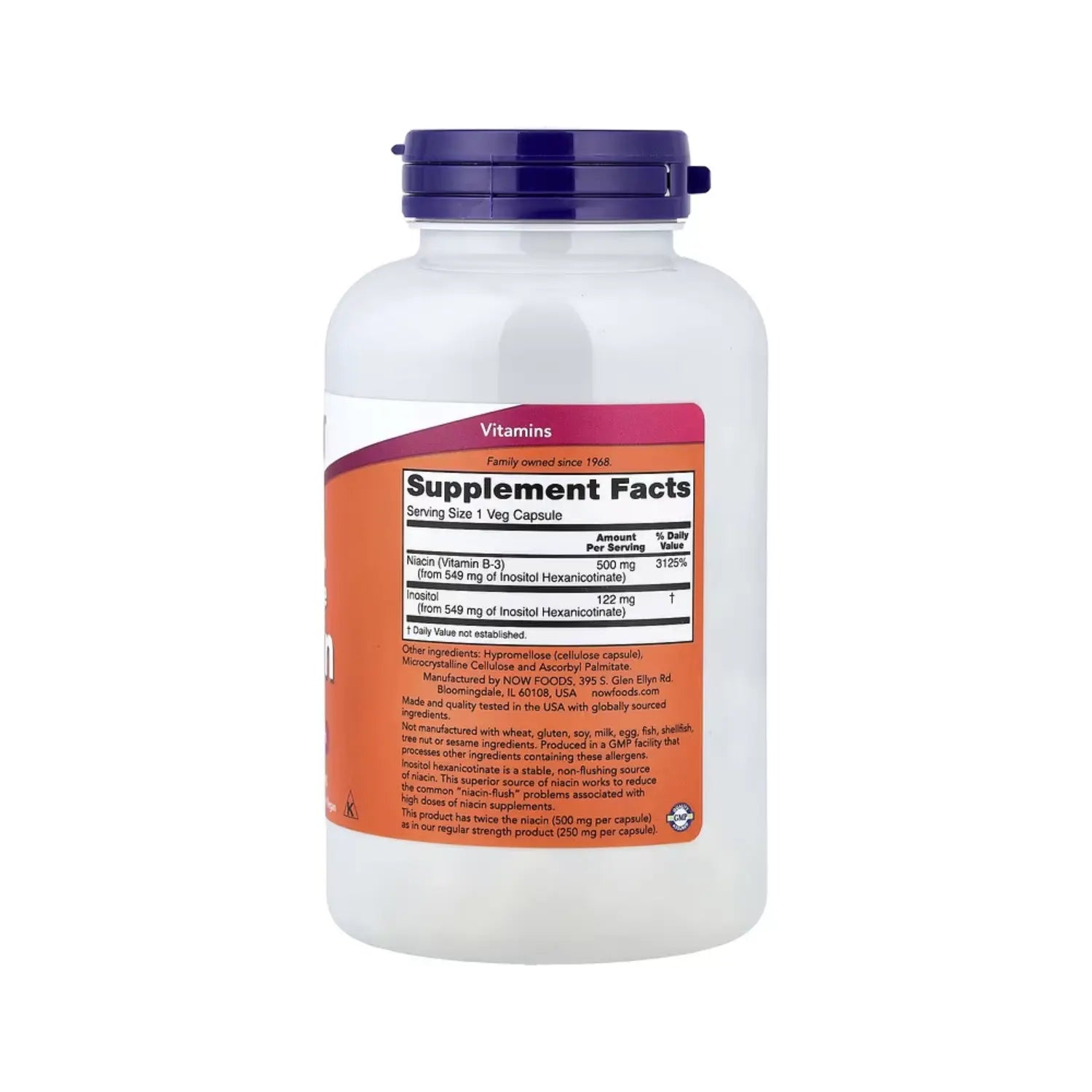 NOW Foods, Niacina, Doble concentración, 500 mg, 180 cápsulas vegetales sfn