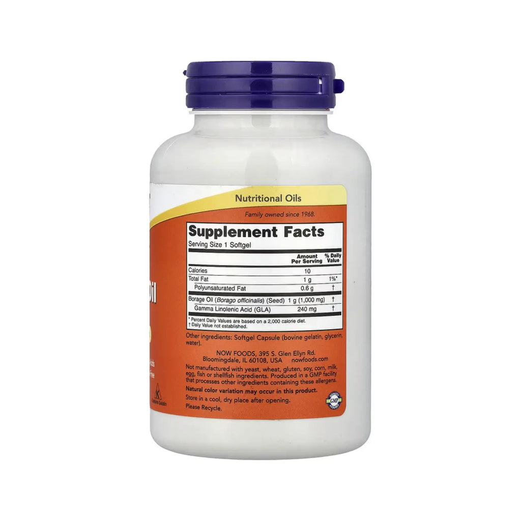 NOW Foods, Aceite de borraja, la mayor concentración de GLA, 100 mg, 120 cápsulas de gel