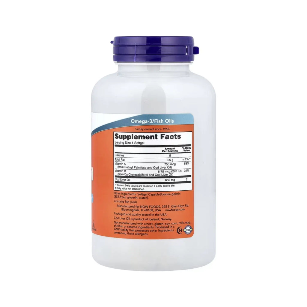 NOW Foods, Aceite de Hígado de Bacalao, Doble Fuerza, 650 mg, 250 Cápsulas