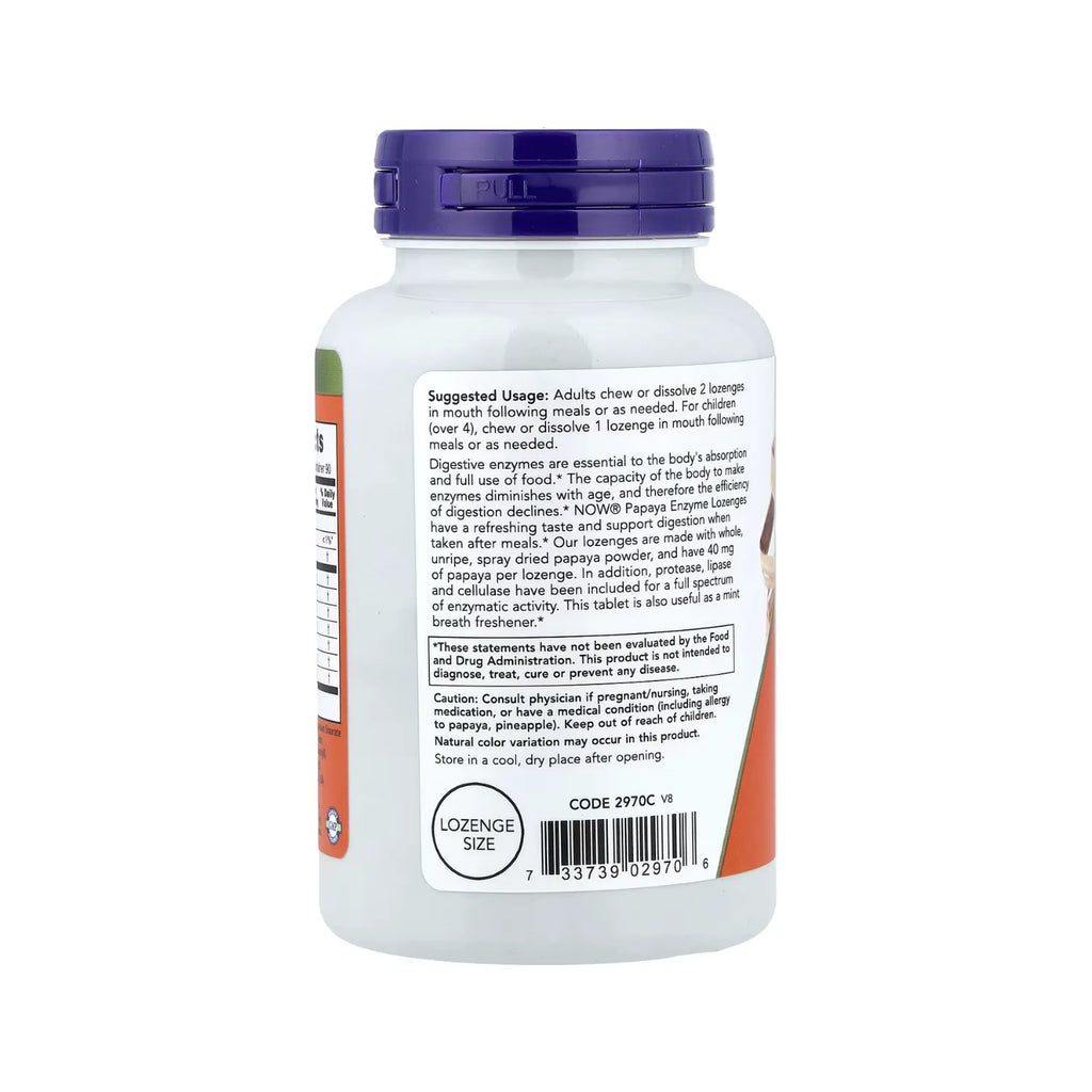 NOW FOODS, ENZIMAS DE PAPAYA MASTICABLES, 180 PASTILLAS SFN