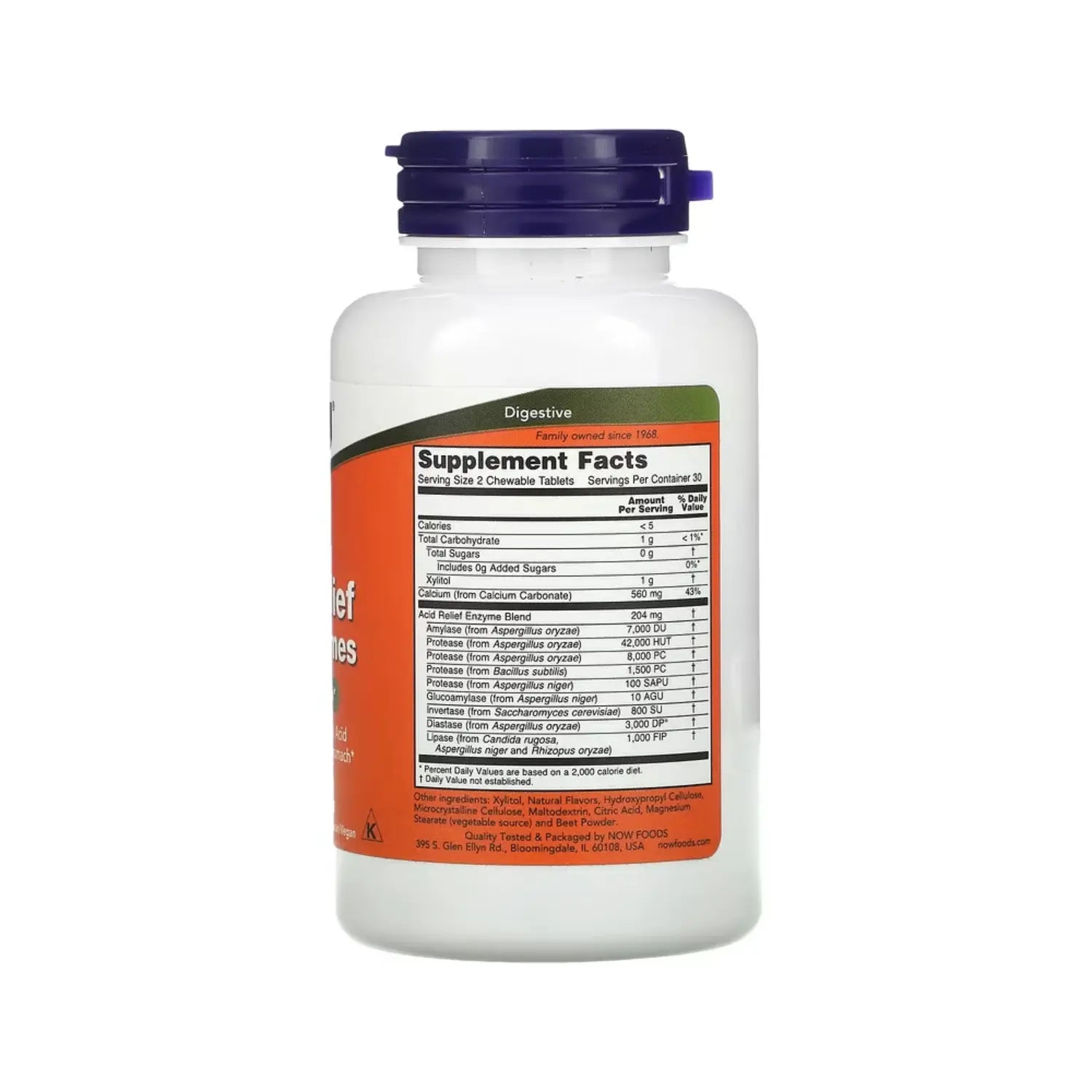 NOW FOODS, ACID RELIEF CON ENZIMAS, 60 TAB MASTICABLES SFN