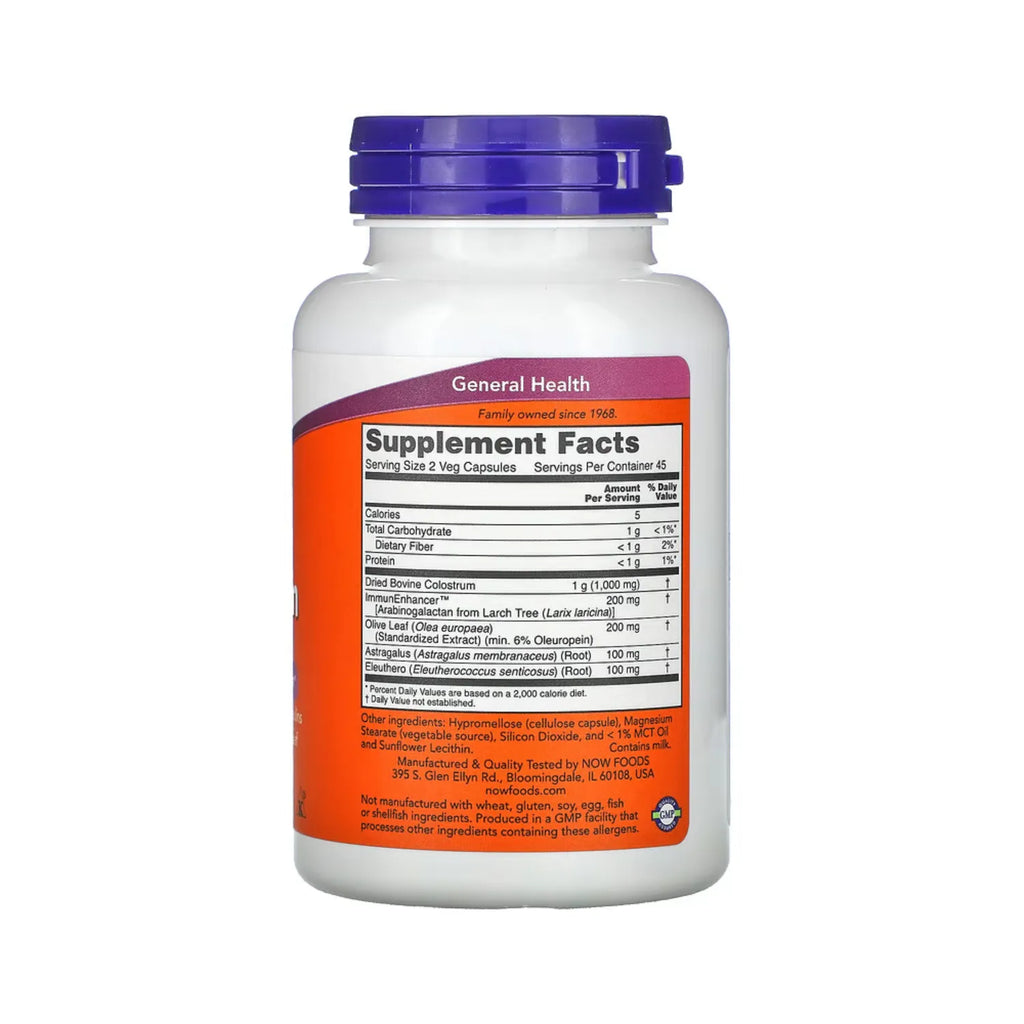 Now Foods Super Colostrum 500 Mg, Con Immunenhancer, Extracto De Hoja De Olivo Y Raíz De Astrágalo 90 Cápsulas Vegetales