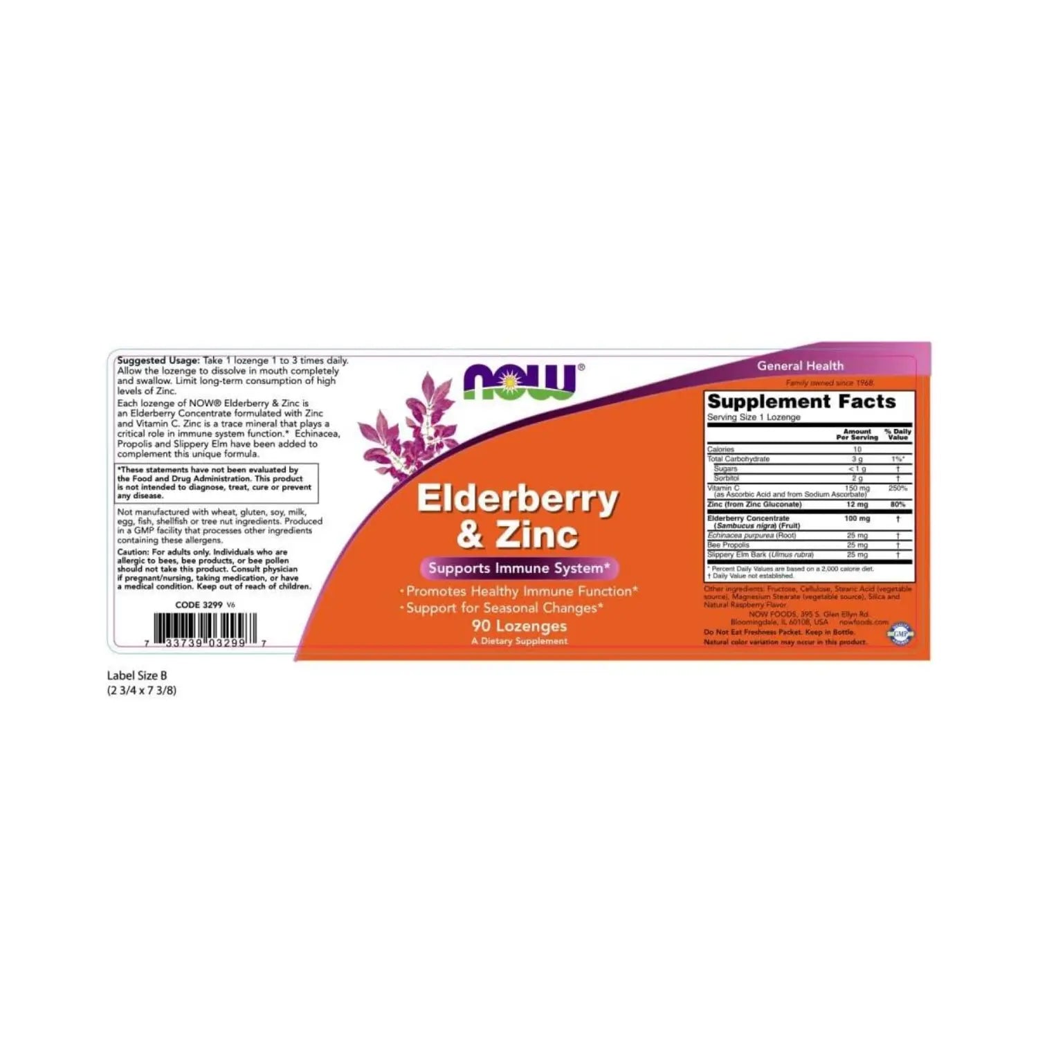 NOW FOODS ELDERBERRY SAUCO Y ZINC 90 PASTILLAS INMUNIDAD SFN