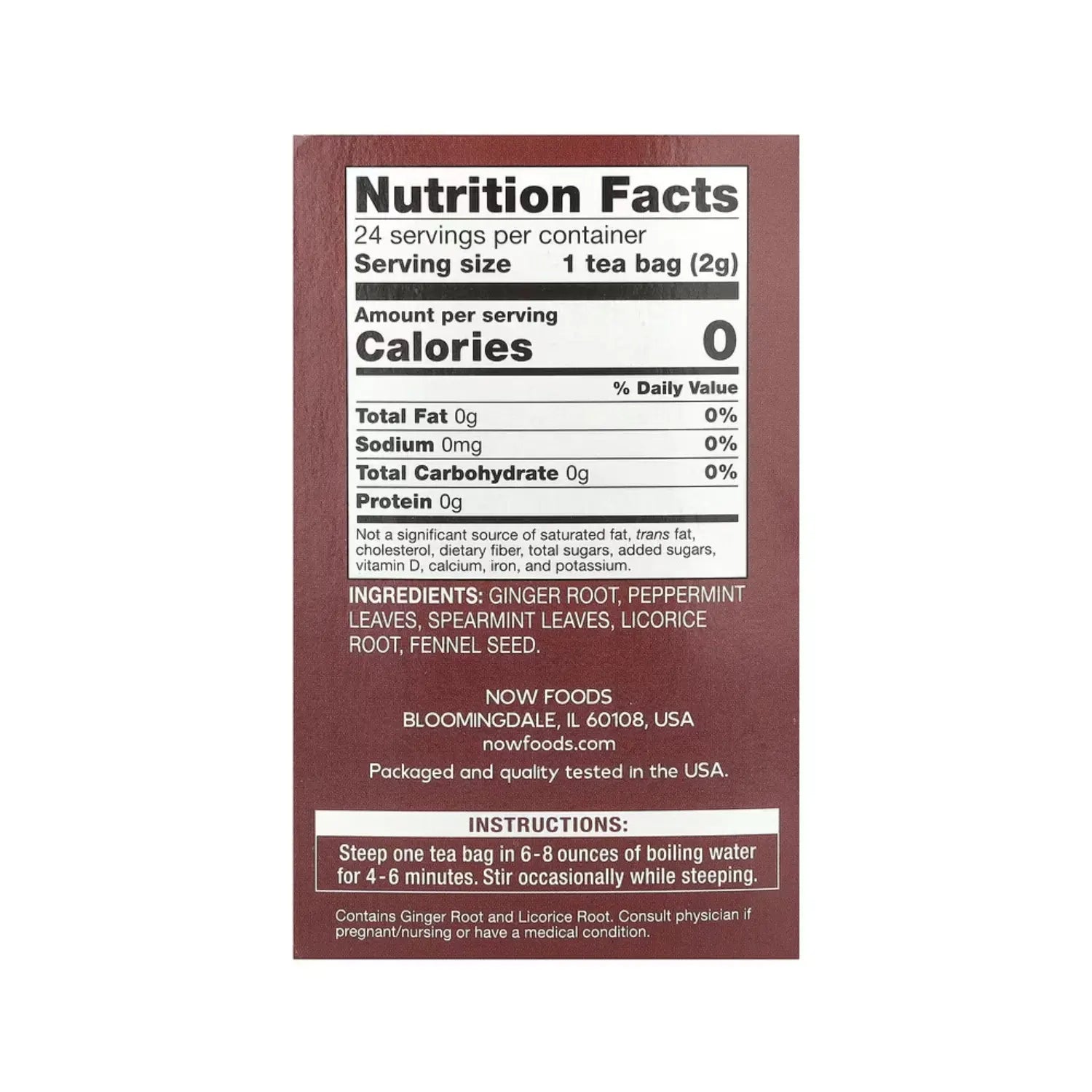 NOW FOODS JENGIBRE Y MENTA 24 BOLSITAS 48G SFN